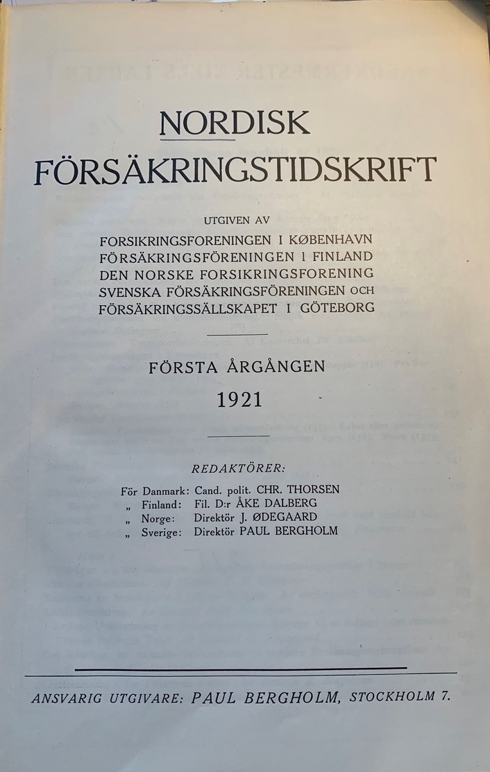 Första numret av Nordisk försäkringstidskrift
